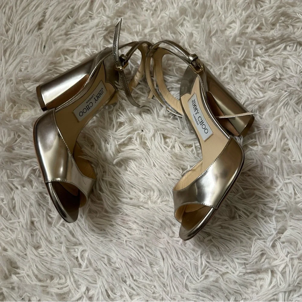 Jimmy Choo Miranda Ankle Strap Metallic Gold Silver Open-Toe Sandals 6